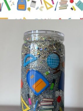 Glitter School Supplies Tumbler - Backpack & Globe Design